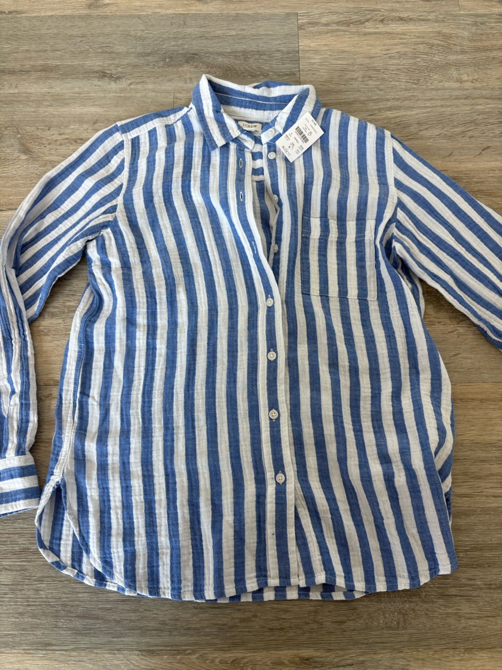 NWT J. Crew Blue and White Vertical Stripe Linen Button-Down Shirt